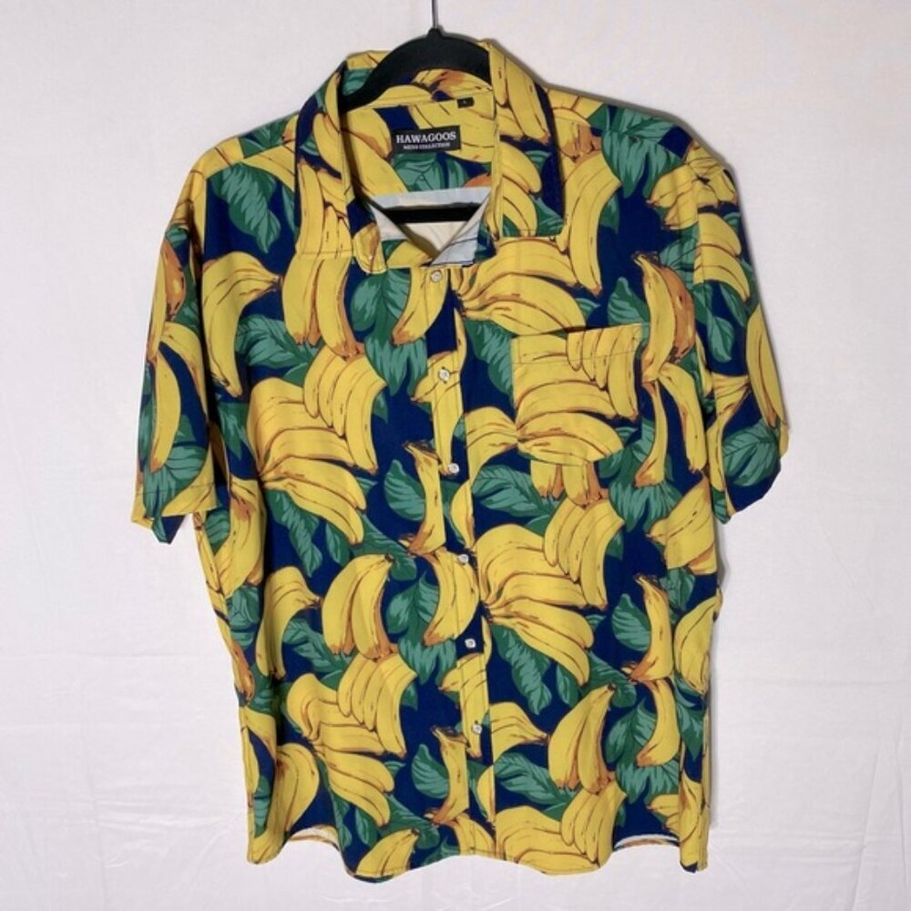 Hawagoos Yellow Green Banana Print Casual Short Sleeve Button Up Shirt L
